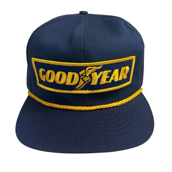 Vintage 80s Goodyear Racing Blue Patch Gold Rope Snapback Trucker Hat USA Made - Picture 1 of 9